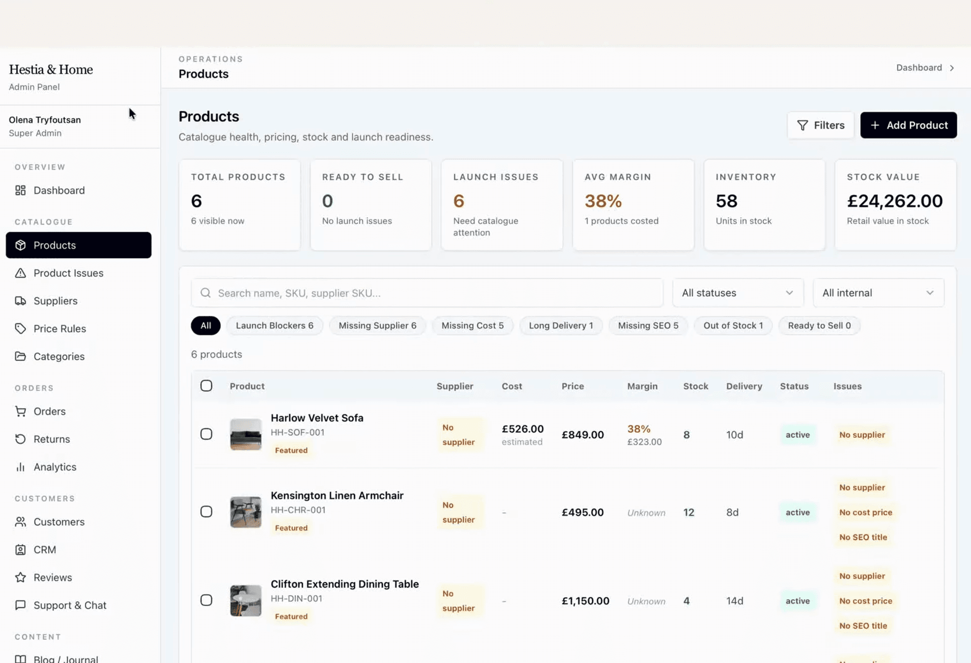 Hestia & Home: Admin: Product catalogue and stock value