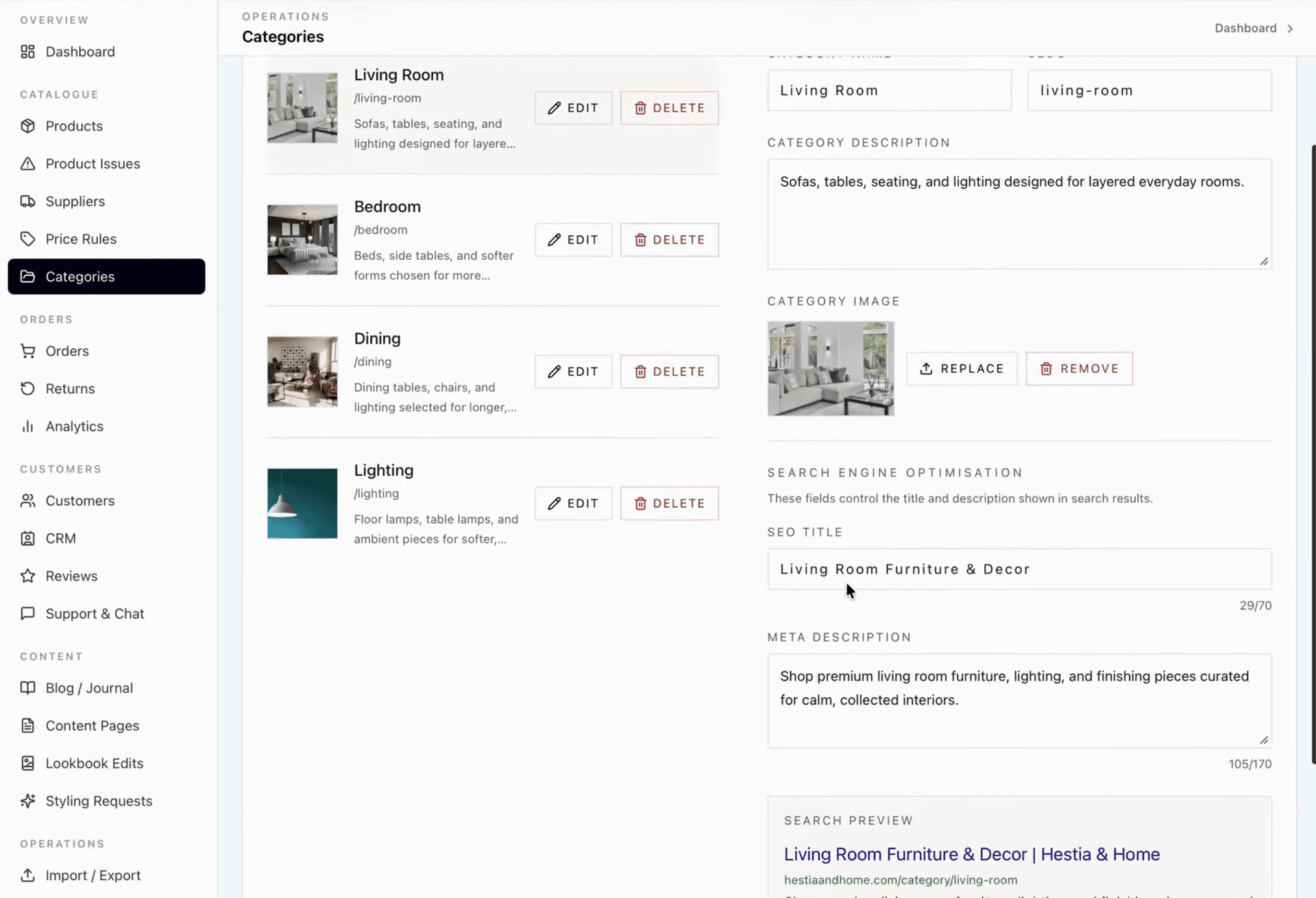 Hestia & Home: Admin: Category SEO fields and search preview