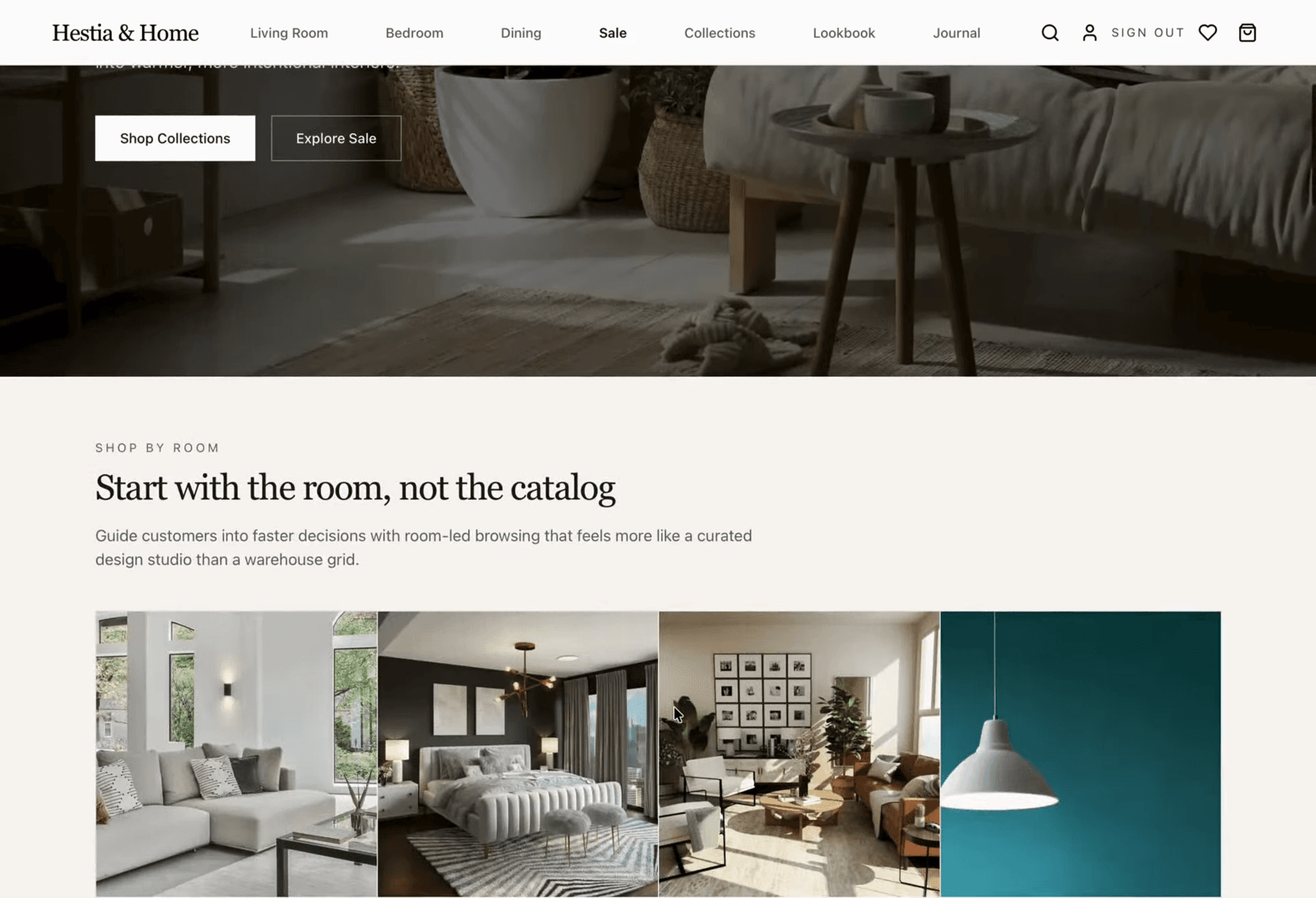 Hestia & Home: Homepage: Hero and Shop by Room