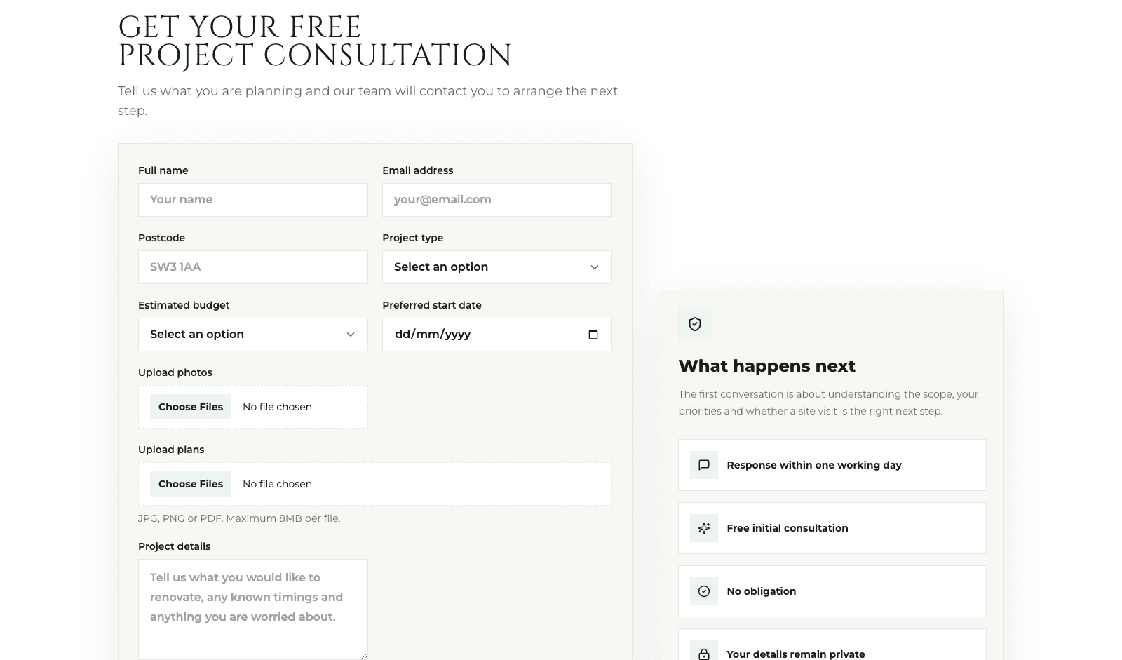 London Builders: Working enquiry form with uploads, consent and live validation
