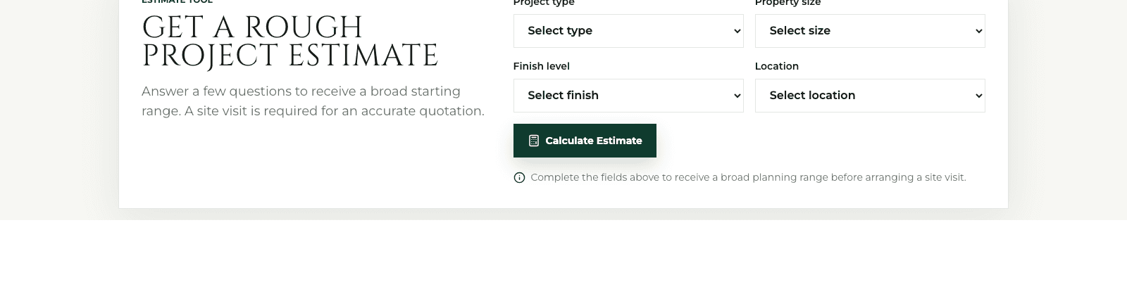 London Builders: Interactive cost estimator with project, size, finish and area multipliers