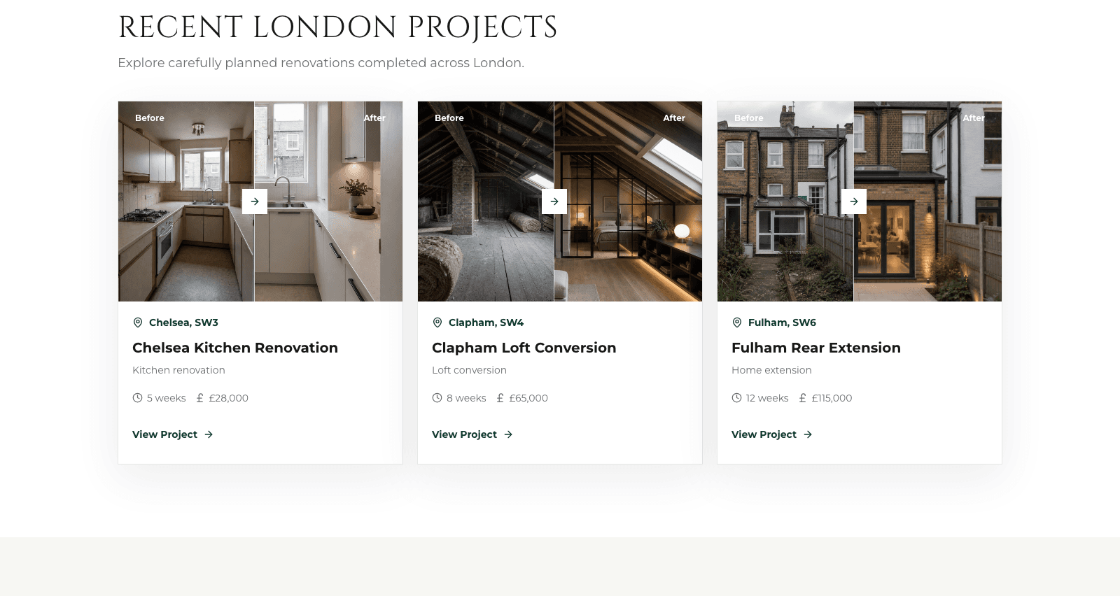 London Builders: Before and after project gallery with area, timeline and project value