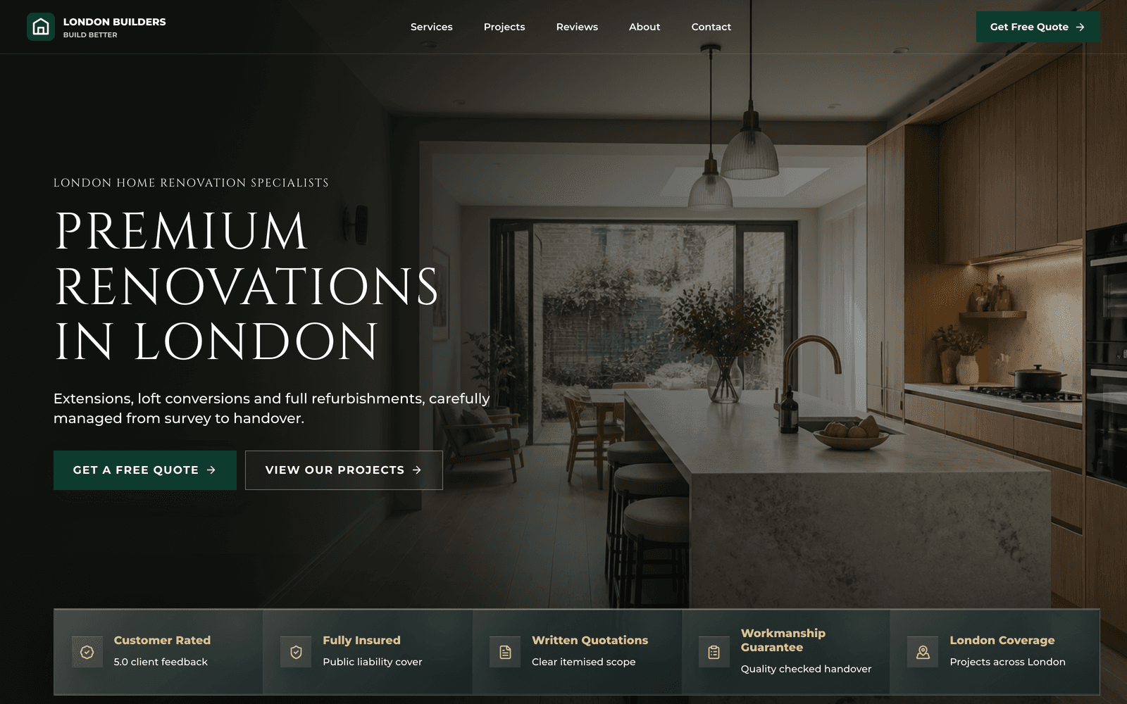 London Builders: Full-screen hero with a glass trust bar for insurance, quotations, guarantee and coverage