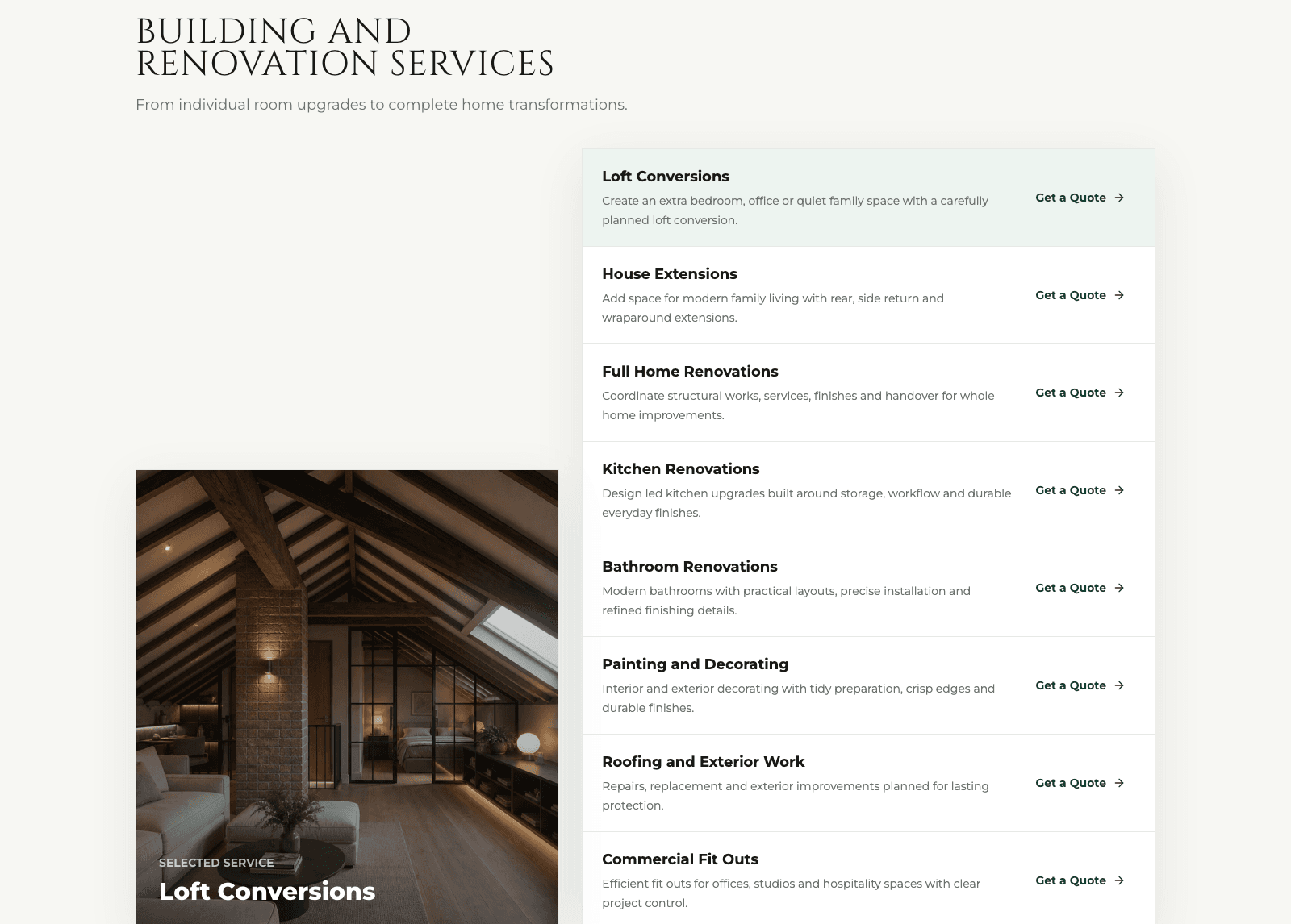 London Builders: Interactive services list with a synchronised image panel